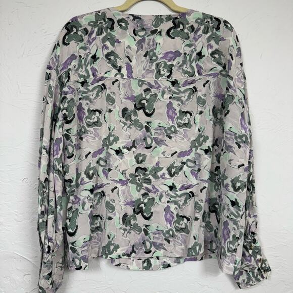 Club Monaco Purple Green Floral Boho Blouse Womens XL Peasant Long Sleeve Shirt - Picture 10 of 11